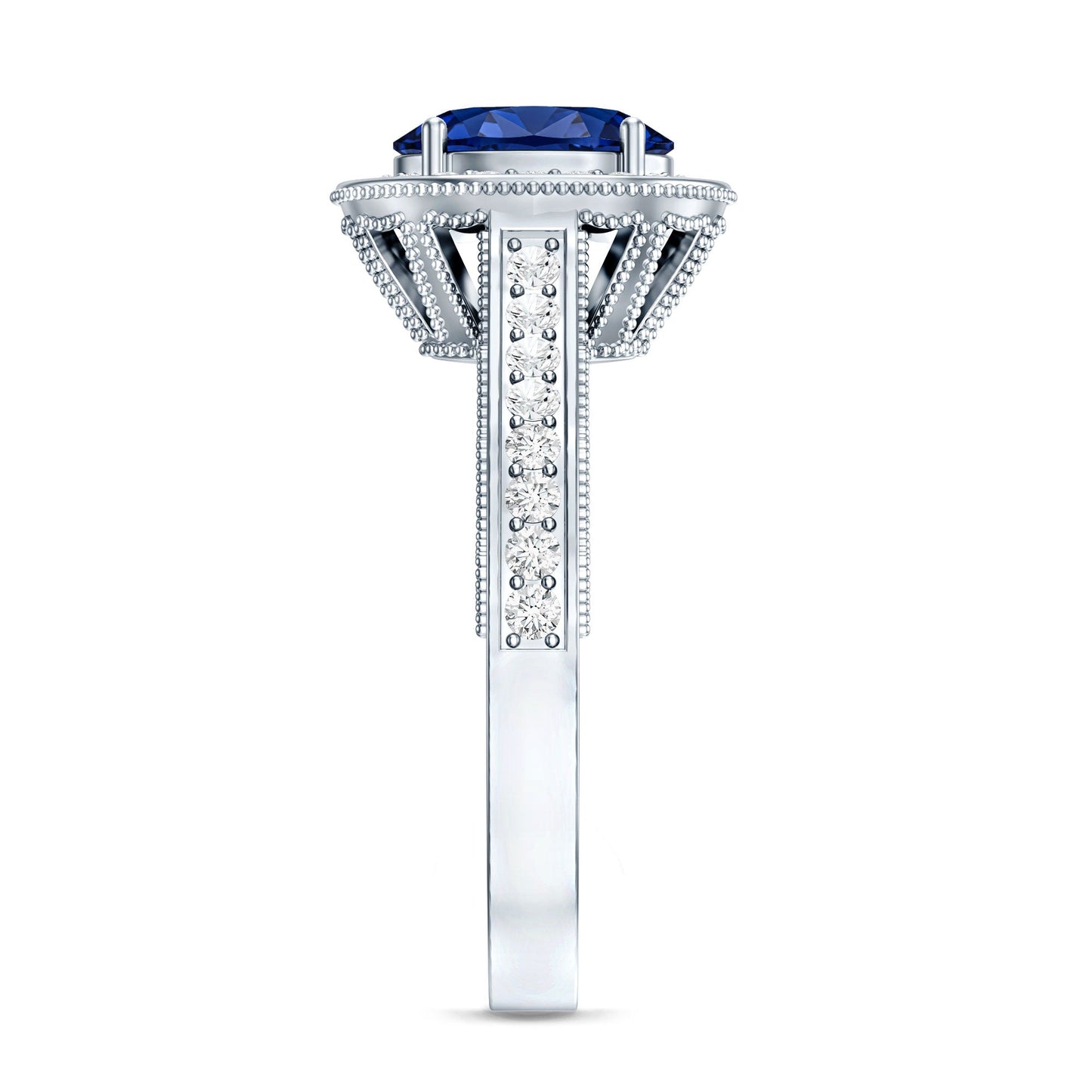Certified 1.5 Carat Lab Grown Blue Sapphire Engagement Ring with Diamond Halo