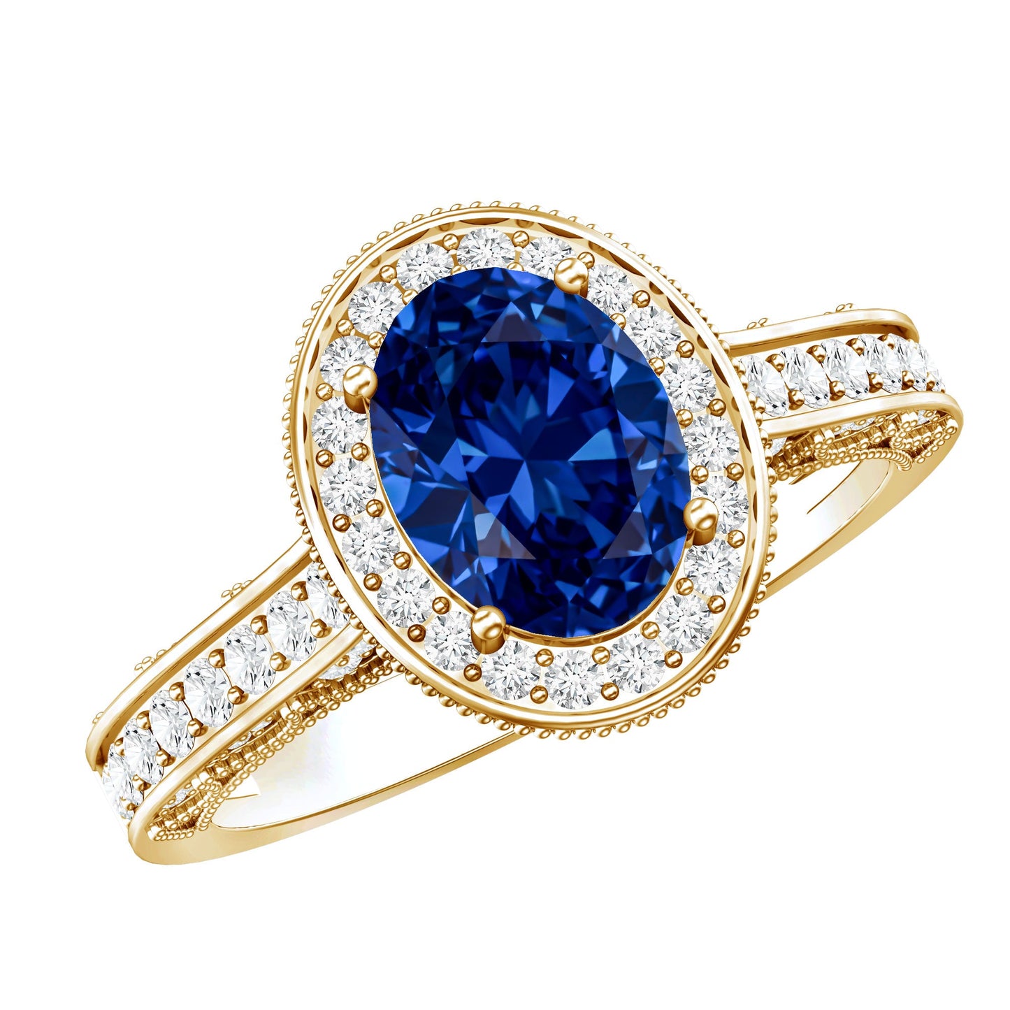 Certified 1.5 Carat Lab Grown Blue Sapphire Engagement Ring with Diamond Halo