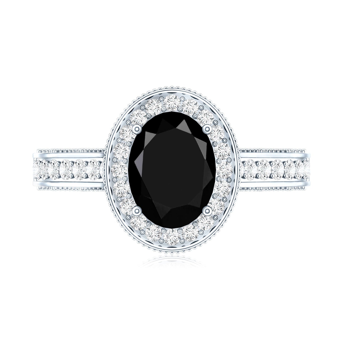 Vintage Inspired Black Onyx Oval Engagement Ring with Diamond Halo
