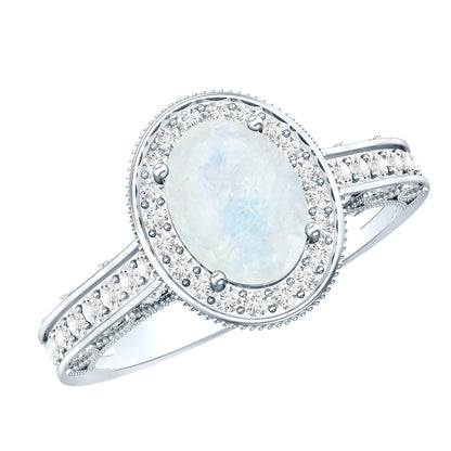 0.6 Carat Moonstone and Diamond Engagement Ring with Milgrain Details