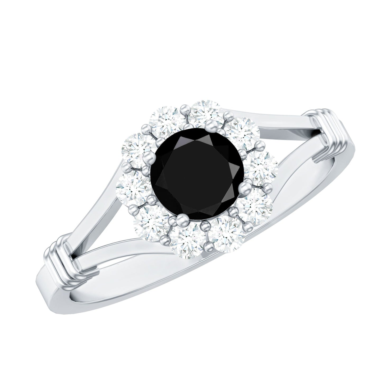 0.4 Carat Black Onyx Floral Engagement Ring with Diamond Halo