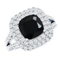 Vintage Style Cushion Cut Black Onyx and Diamond Double Halo Engagement Ring