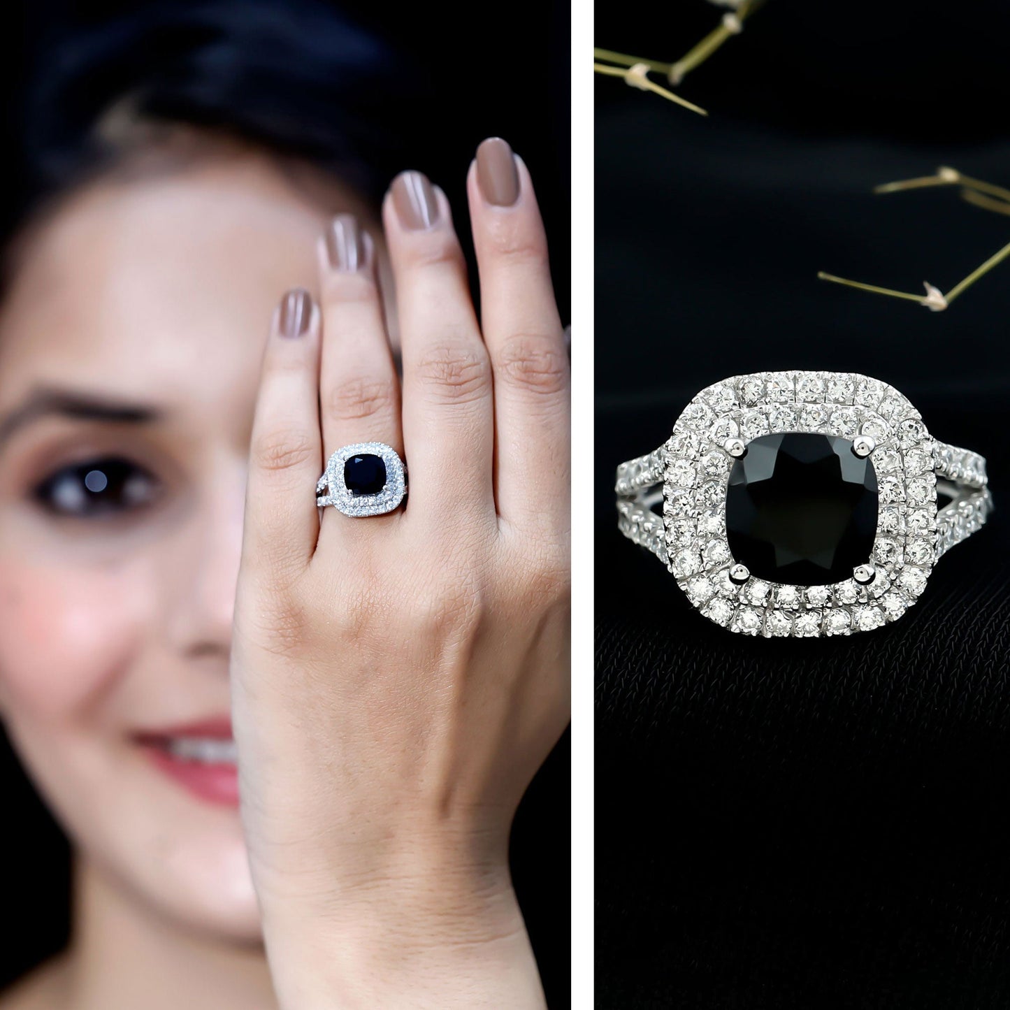Vintage Style Cushion Cut Black Onyx and Diamond Double Halo Engagement Ring