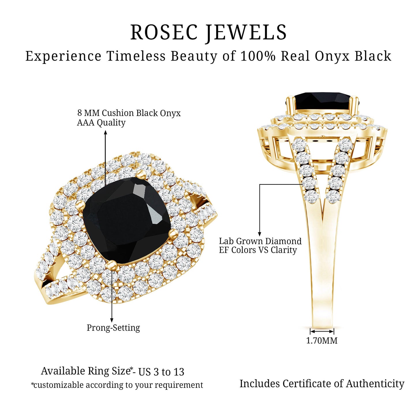 Vintage Style Cushion Cut Black Onyx and Diamond Double Halo Engagement Ring