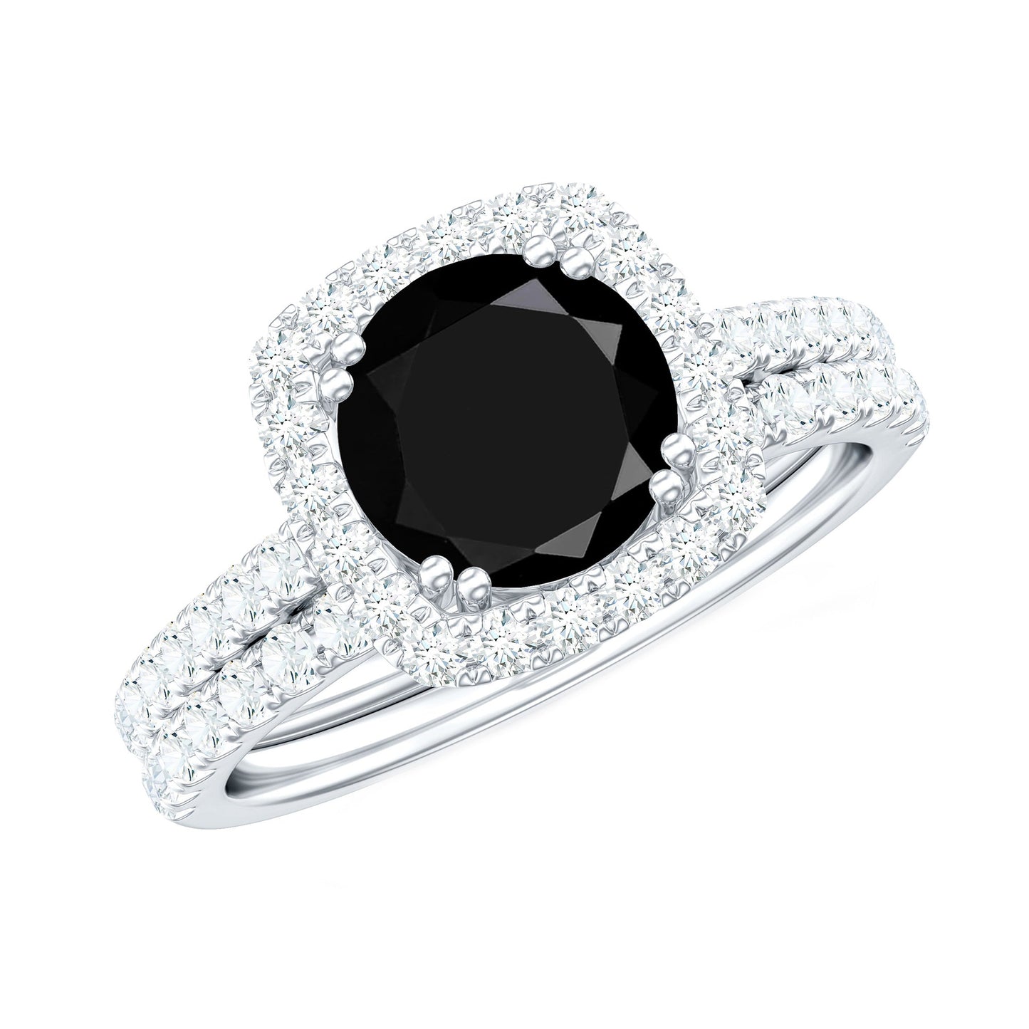 Certified 2 Carat Lab Grown Black Diamond Halo Engagement Ring with Wedding Band