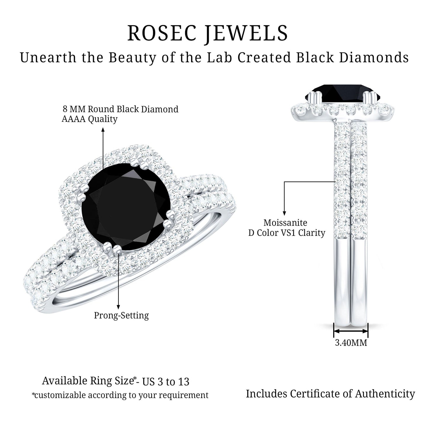 Certified 2 Carat Lab Grown Black Diamond Halo Engagement Ring with Wedding Band