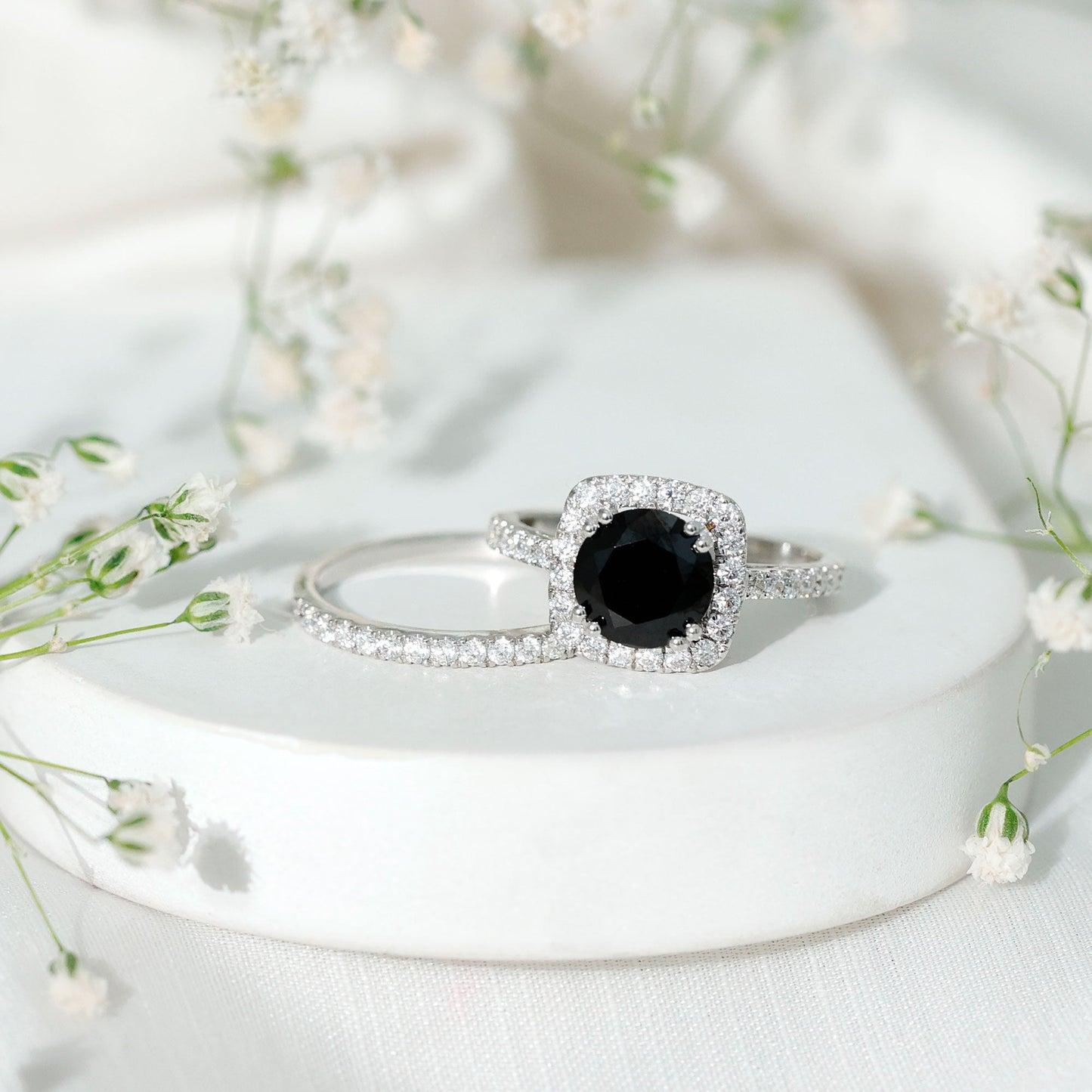 Certified 2 Carat Lab Grown Black Diamond Halo Engagement Ring with Wedding Band