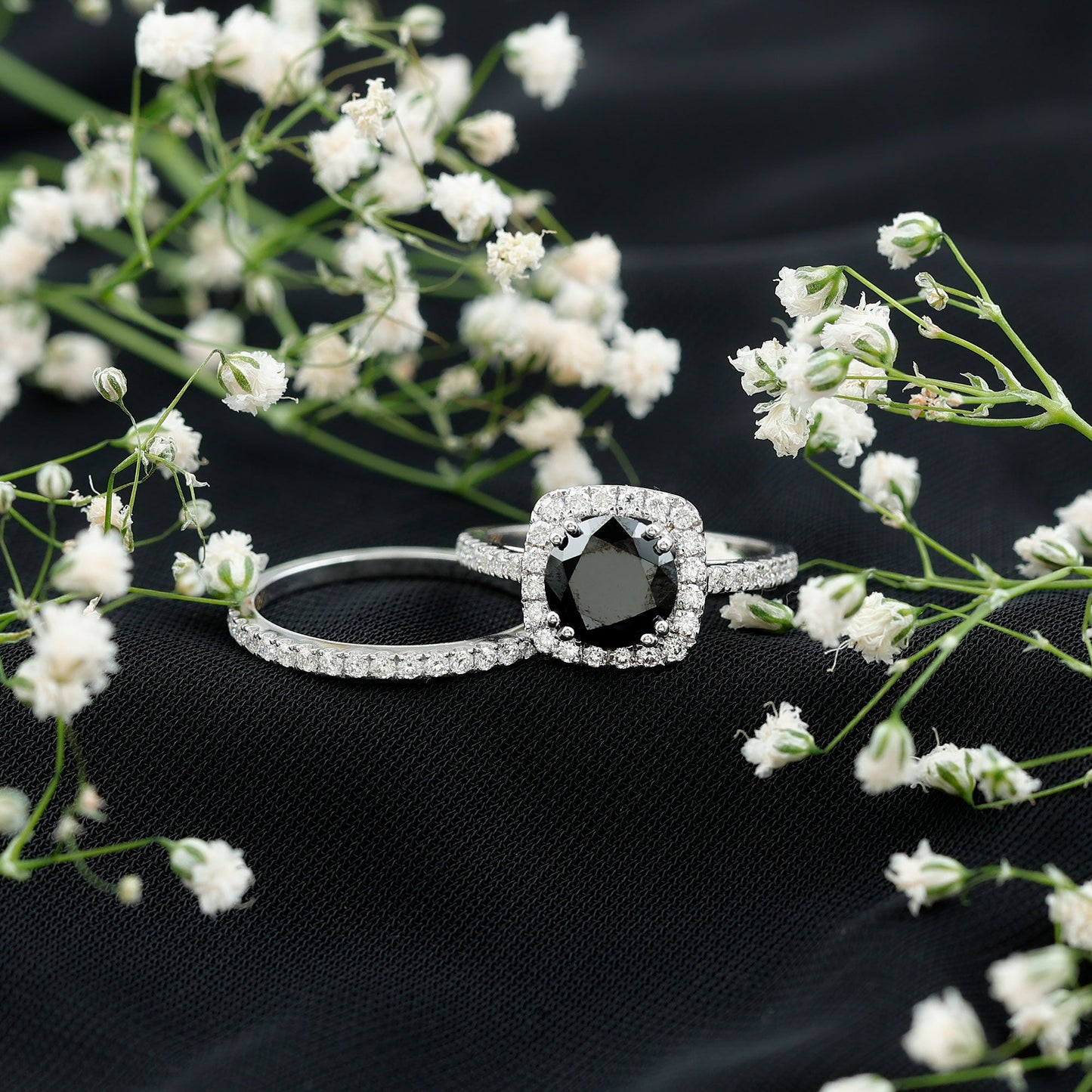 Certified 2 Carat Lab Grown Black Diamond Halo Engagement Ring with Wedding Band