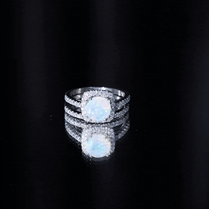 Real Ethiopian Opal Engagement Ring with Moissanite Wedding Band