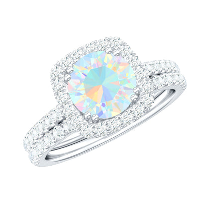Real Ethiopian Opal Engagement Ring with Moissanite Wedding Band