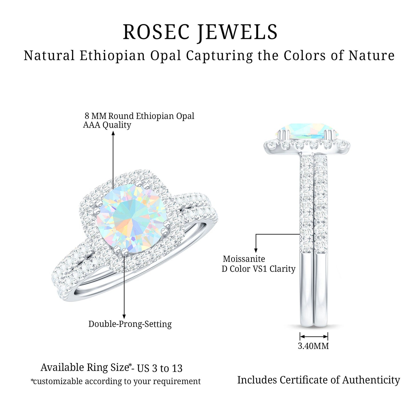Real Ethiopian Opal Engagement Ring with Moissanite Wedding Band