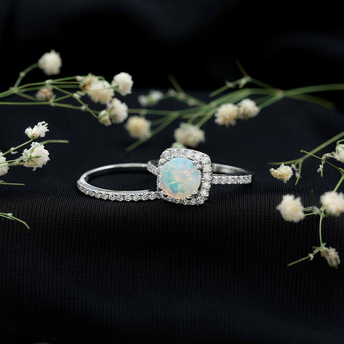 Real Ethiopian Opal Engagement Ring with Moissanite Wedding Band