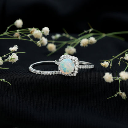 Real Ethiopian Opal Engagement Ring with Moissanite Wedding Band