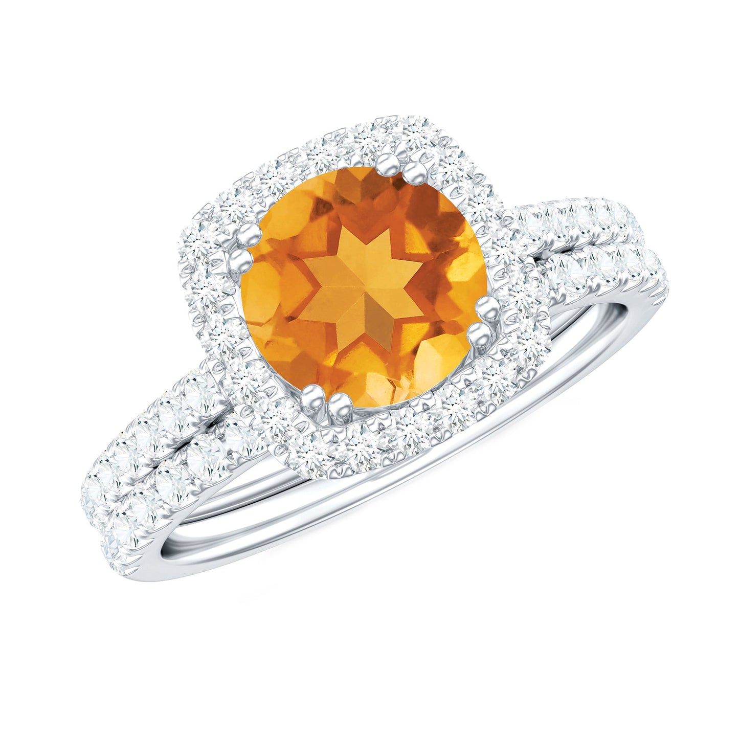 1.2 Carat Citrine Halo Wedding Ring Set with Moissanite