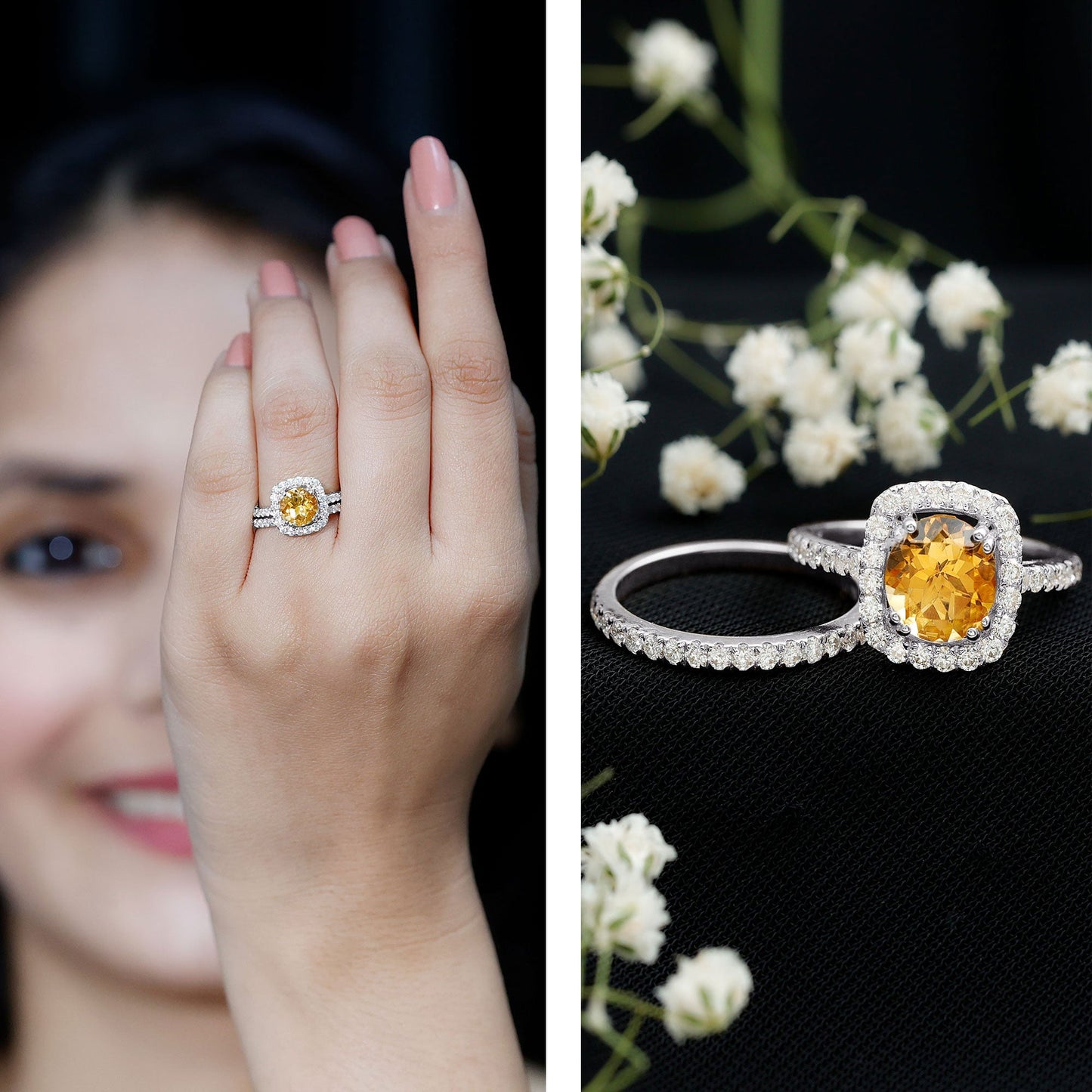 1.2 Carat Citrine Halo Wedding Ring Set with Moissanite