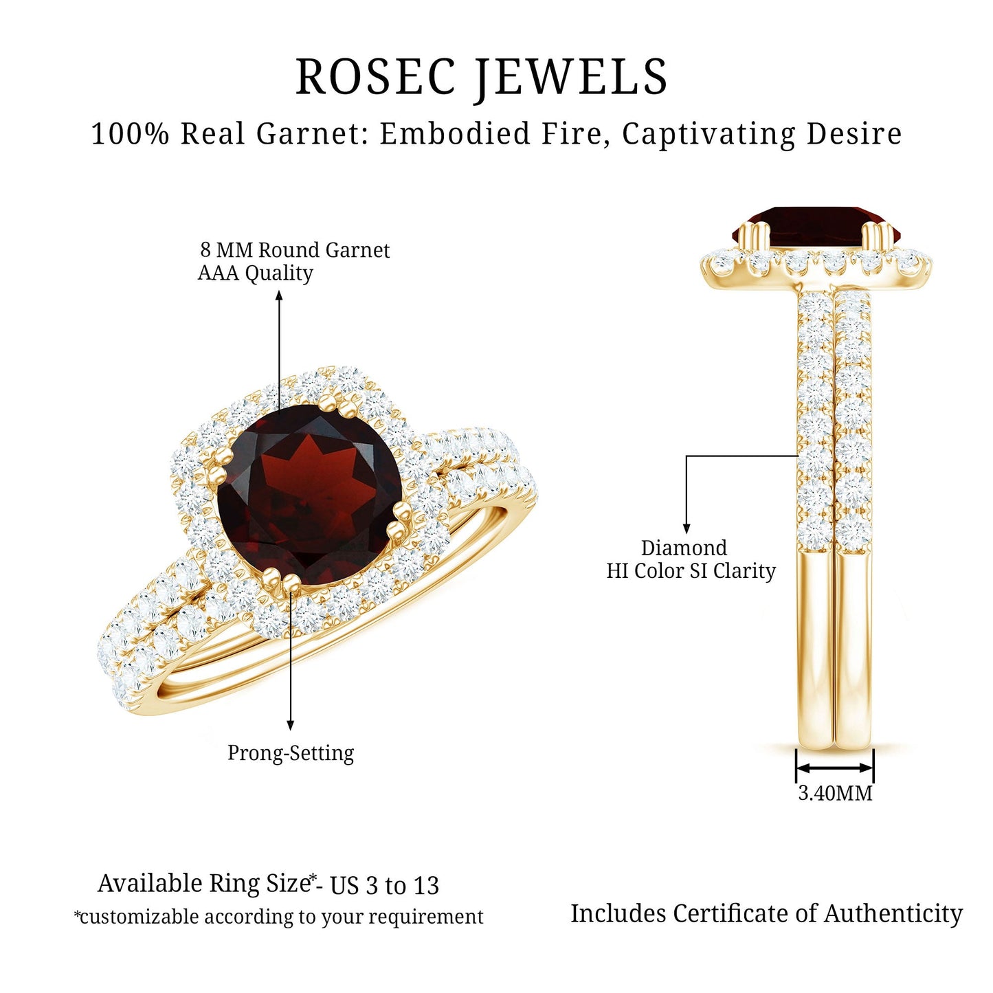 Natural Garnet Diamond Engagement Ring with Wedding Band