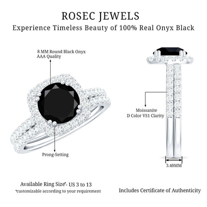 Round Cut Black Onyx Bridal Wedding Ring Set with Moissanite