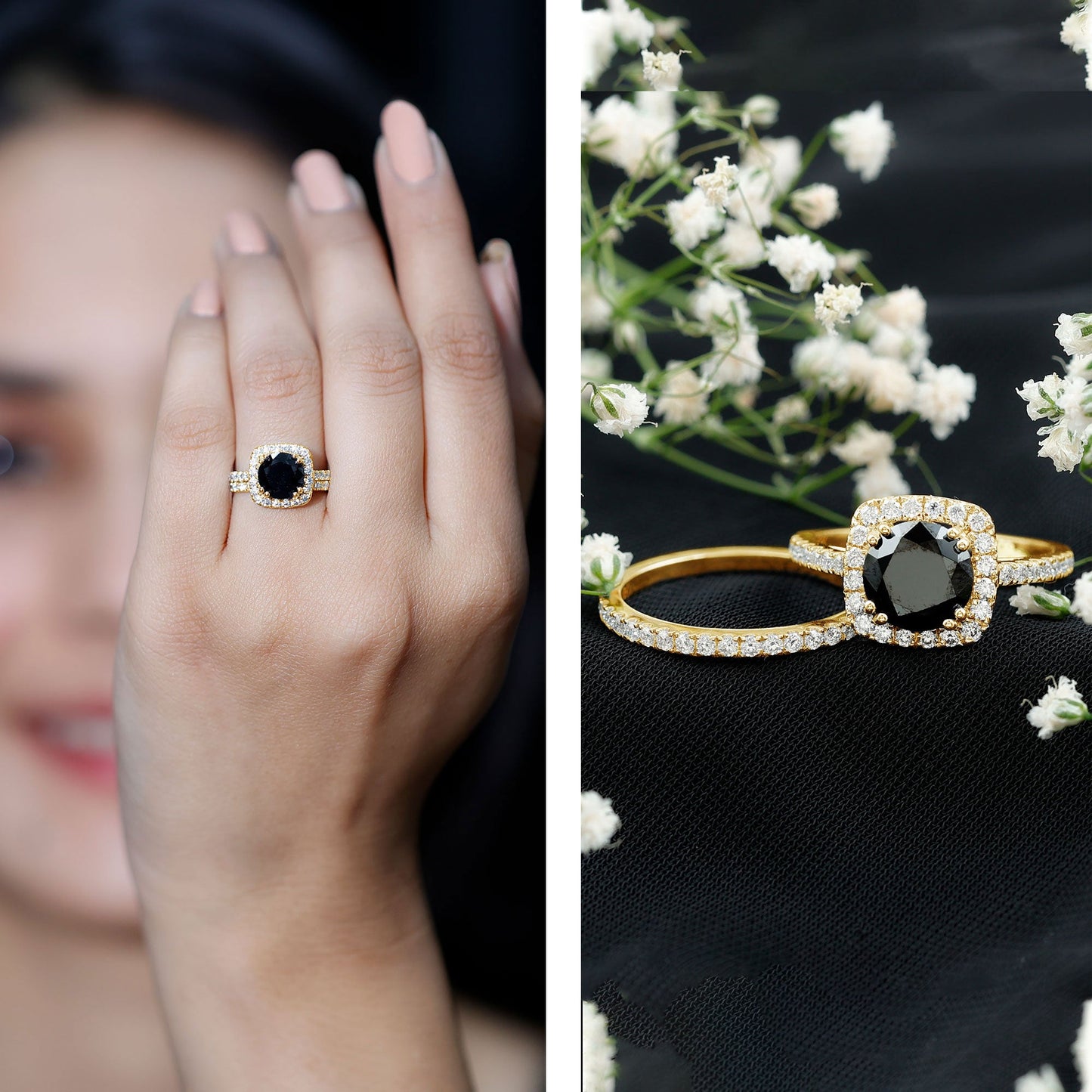 Round Cut Black Onyx Bridal Wedding Ring Set with Moissanite