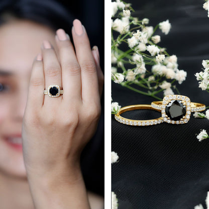 Round Cut Black Onyx Bridal Wedding Ring Set with Moissanite