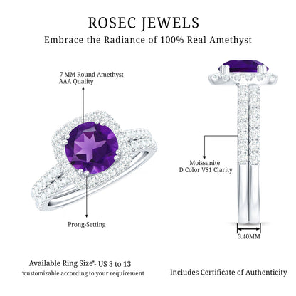 Real 1.2 Carat Amethyst Wedding Engagement Ring Set with Moissanite