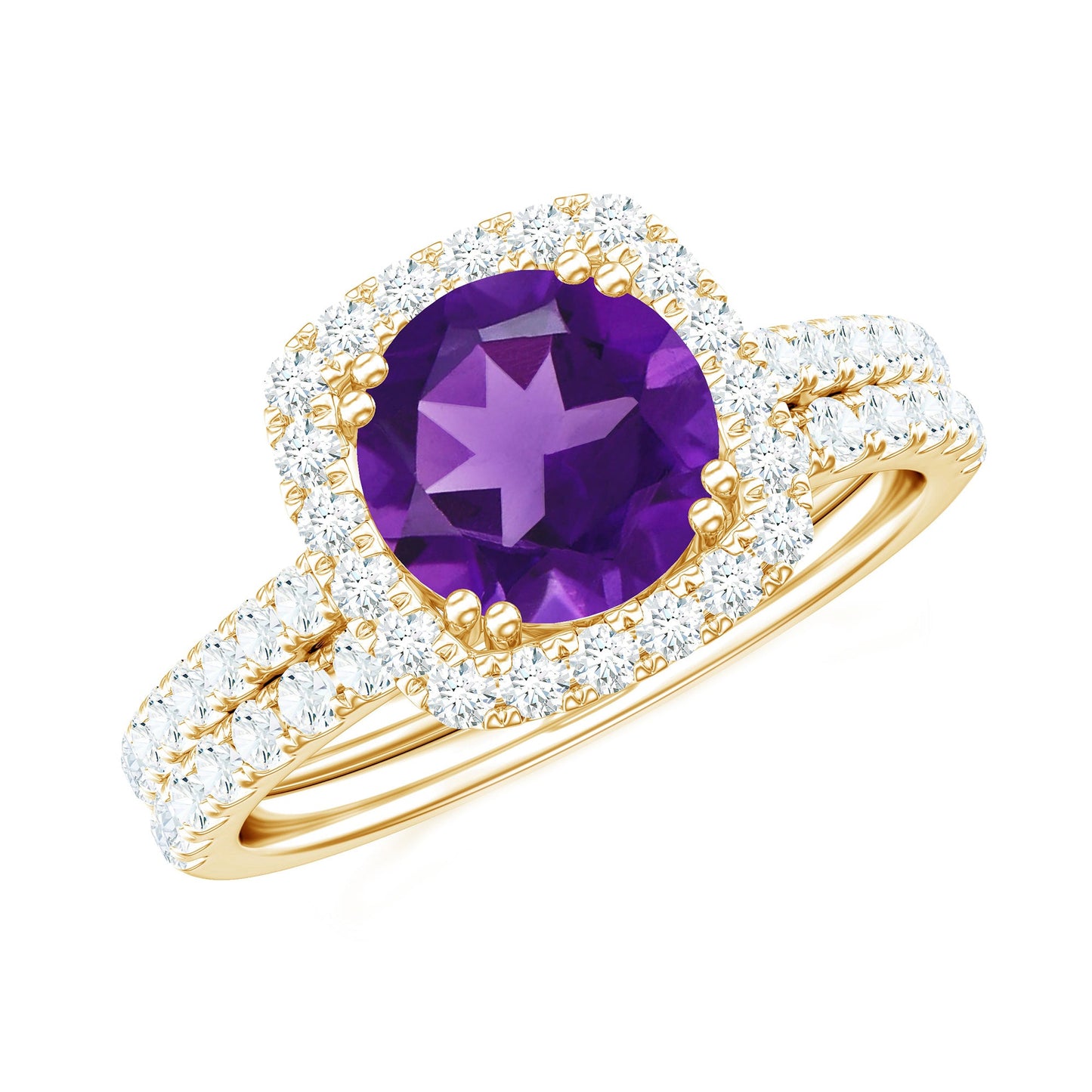 Real 1.2 Carat Amethyst Wedding Engagement Ring Set with Moissanite