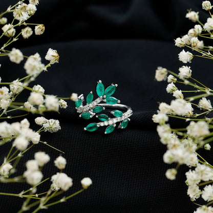 Natural Emerald and Diamond Leaf Wrap Ring