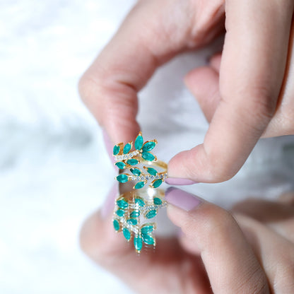Natural Emerald and Diamond Leaf Wrap Ring
