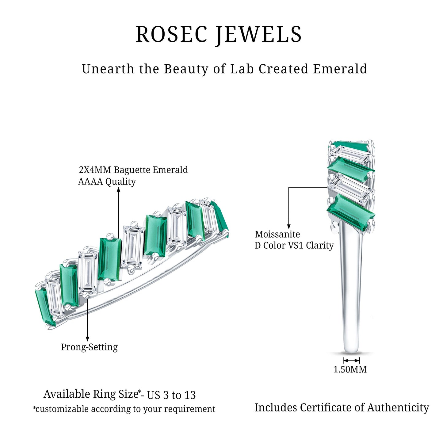 Certified Baguette Lab Grown Emerald Wedding Anniversary Band Ring