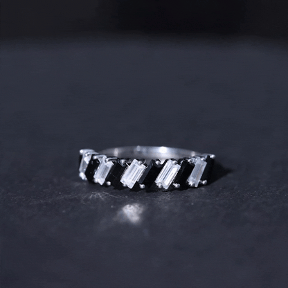 Baguette Cut Black Onyx and Moissanite Tilted Half Eternity Ring