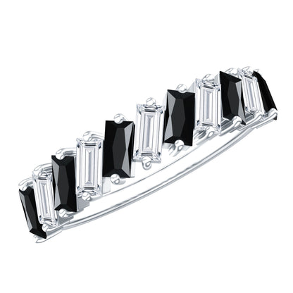 Baguette Cut Black Onyx and Moissanite Tilted Half Eternity Ring