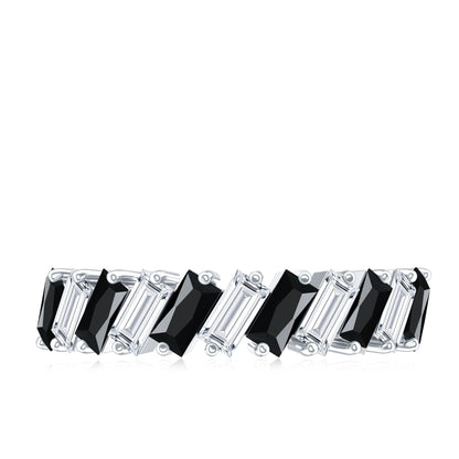 Baguette Cut Black Onyx and Moissanite Tilted Half Eternity Ring