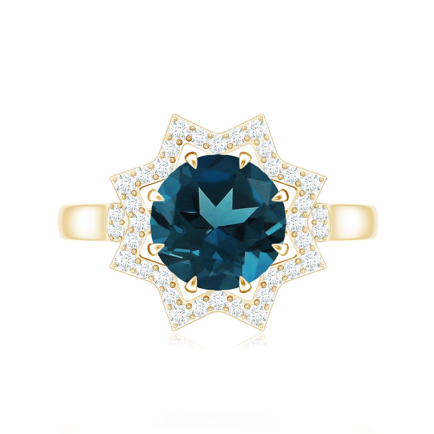 Round Cut London Blue Topaz Cocktail Halo Ring with Diamonds