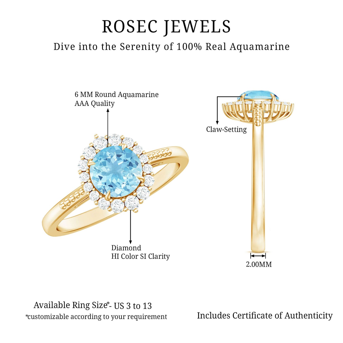Natural 0.8 Carat Aquamarine Halo Engagement Ring with Diamond