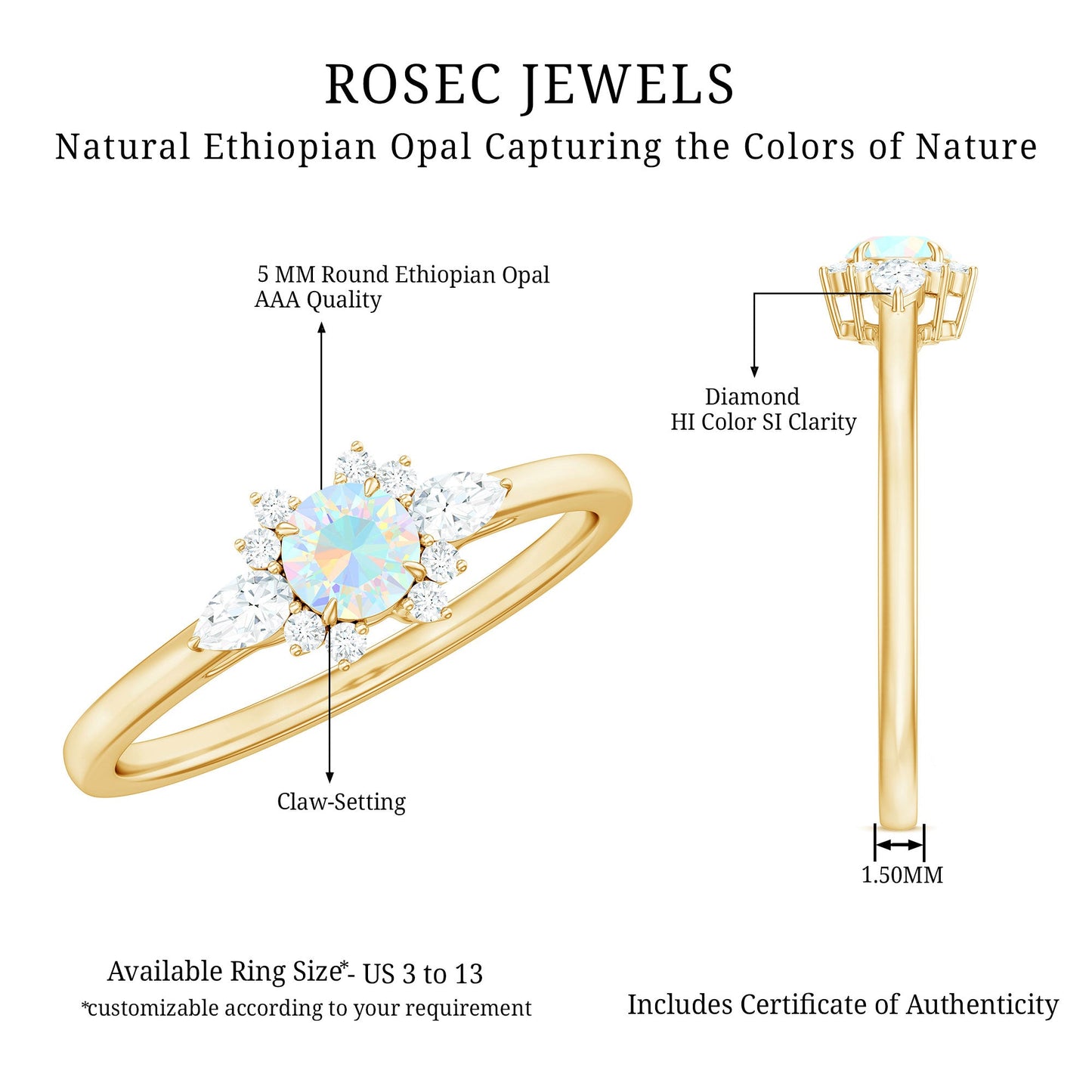 Real Ethiopian Rainbow Opal Diamond Promise Ring with Certificate