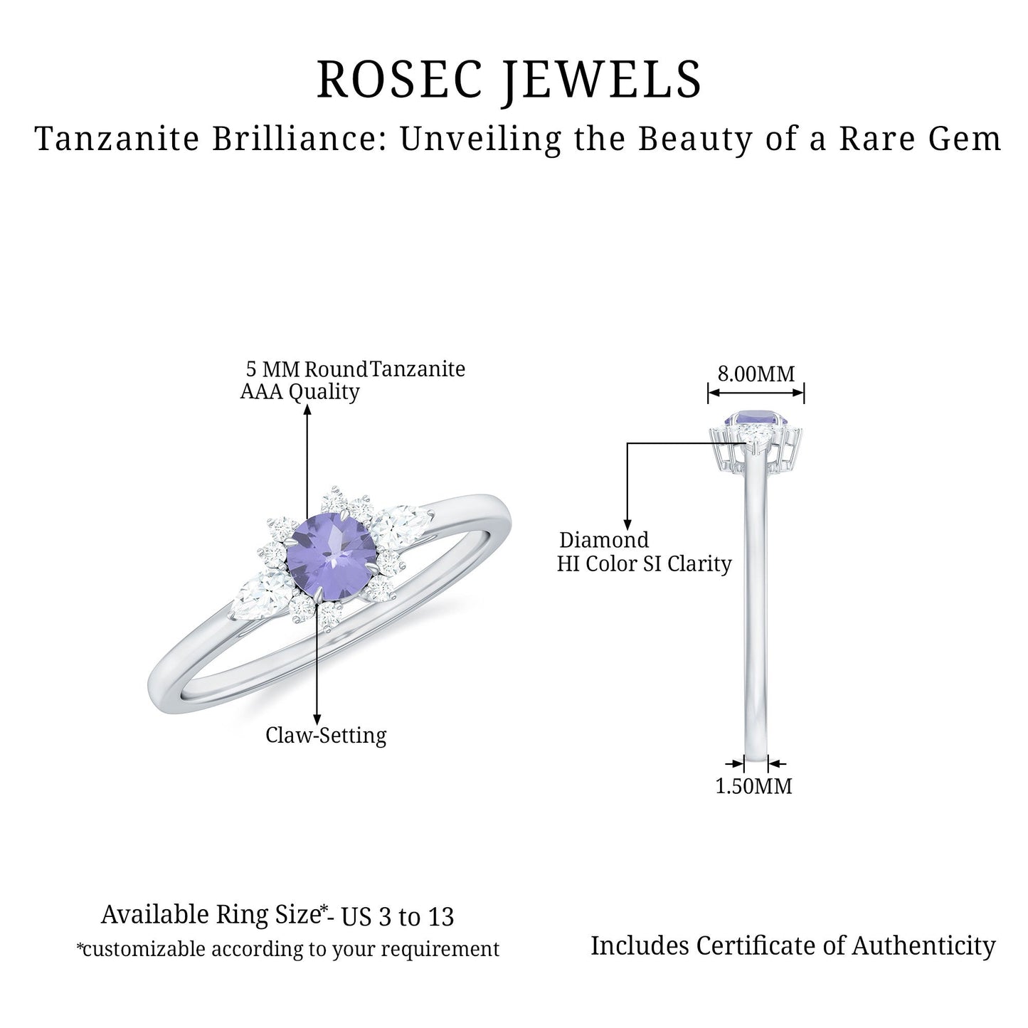 Real Tanzanite Promise Ring with Diamond