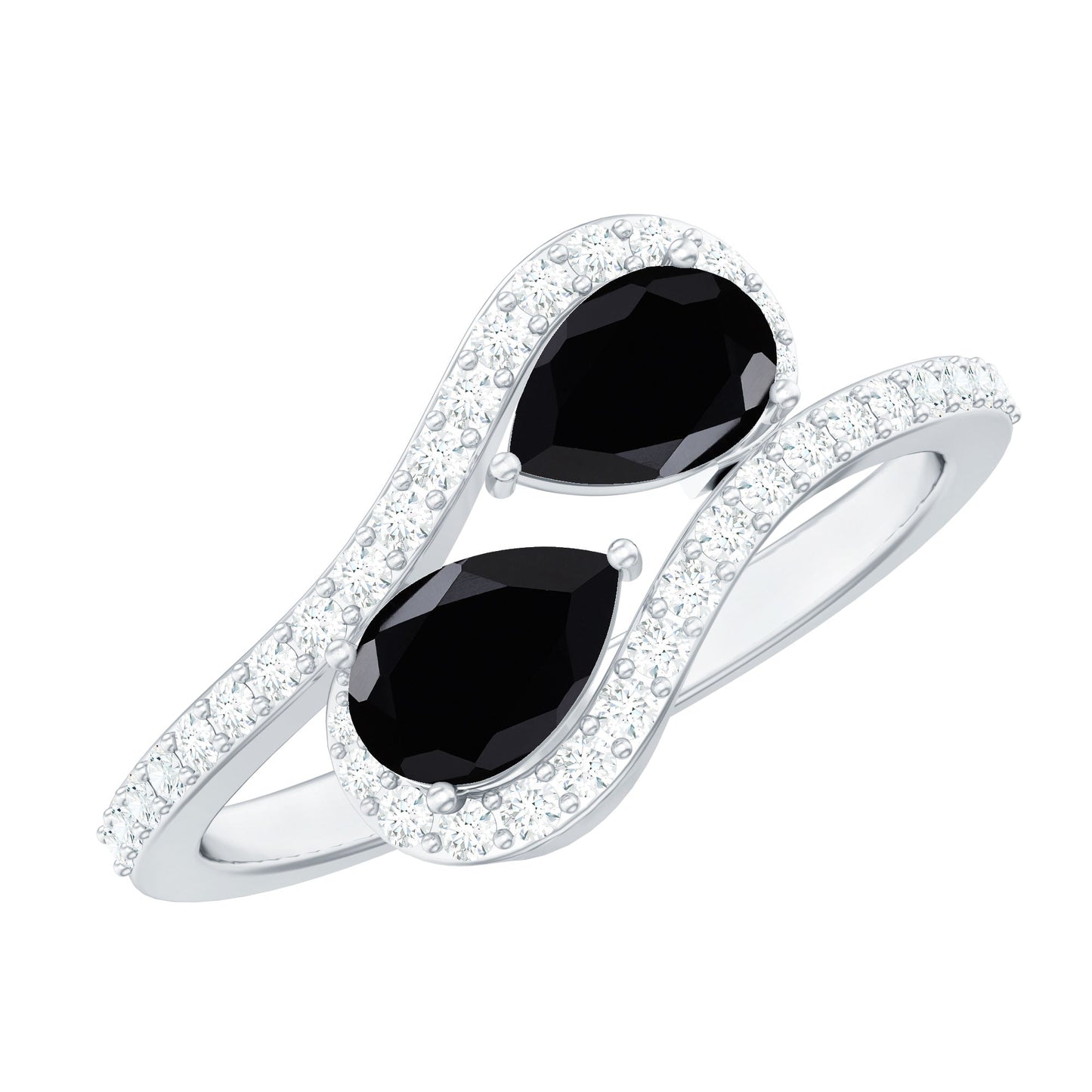 Pear Cut Black Onyx Two Stone Engagement Ring with Diamond