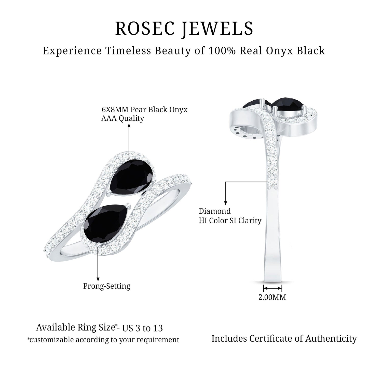 Pear Cut Black Onyx Two Stone Engagement Ring with Diamond