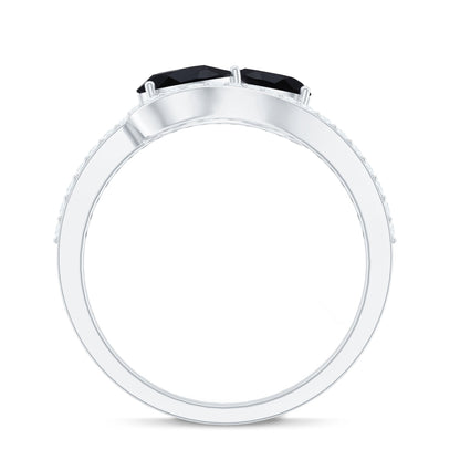 Pear Cut Black Onyx Two Stone Engagement Ring with Diamond