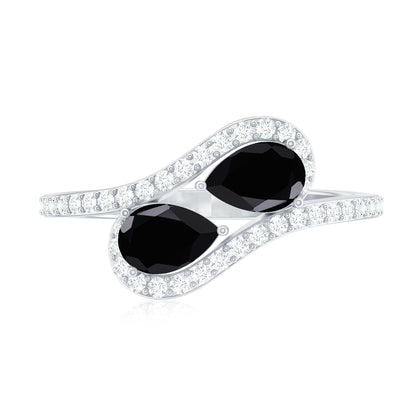 Pear Cut Black Onyx Two Stone Engagement Ring with Diamond