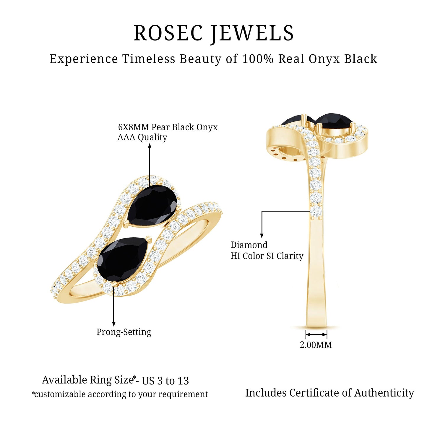 Pear Cut Black Onyx Two Stone Engagement Ring with Diamond
