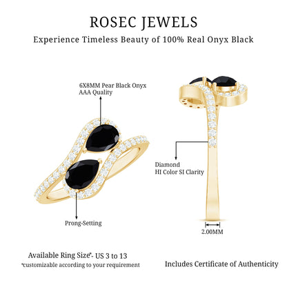 Pear Cut Black Onyx Two Stone Engagement Ring with Diamond
