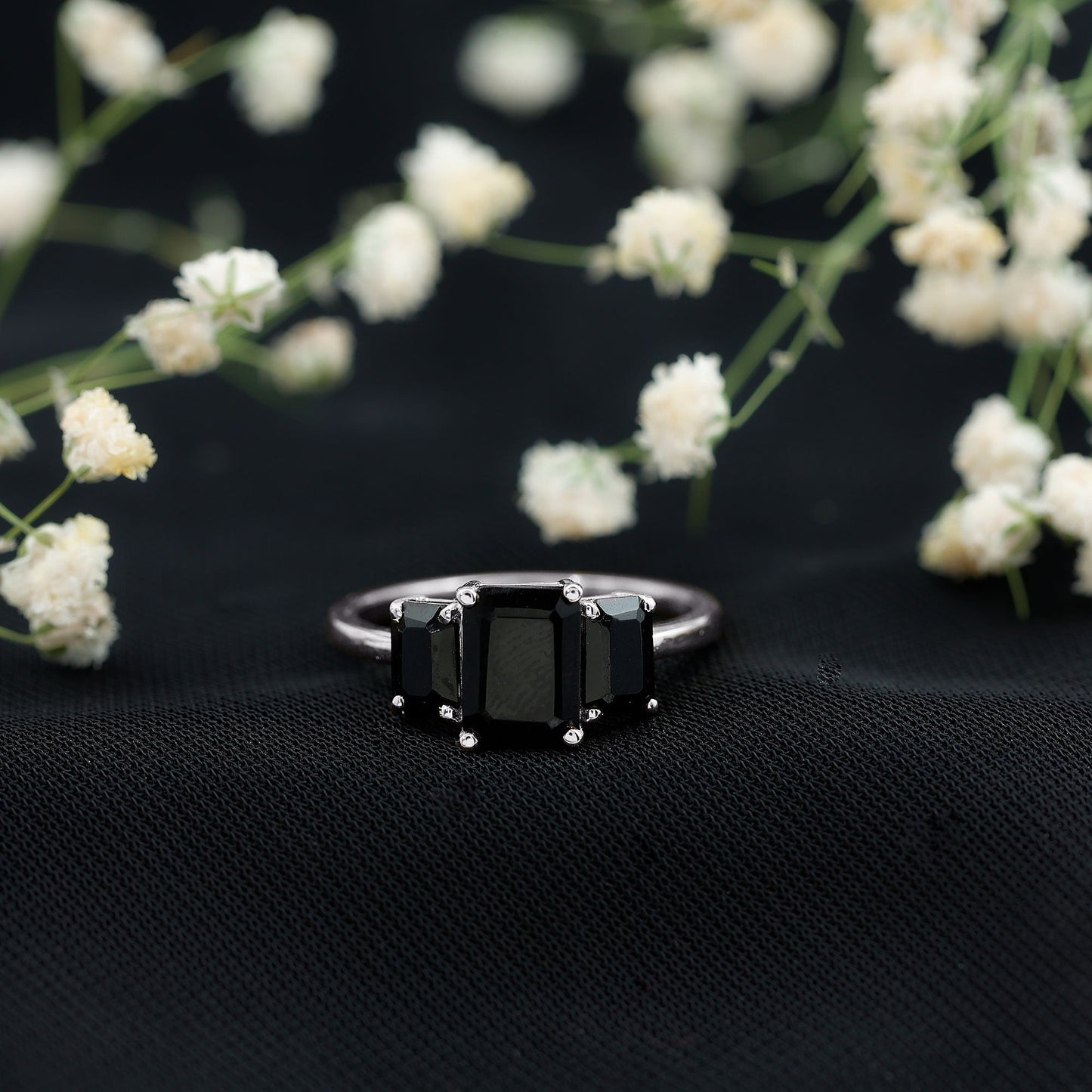 Emerald Cut Black Onyx Three Stone Engagement Ring