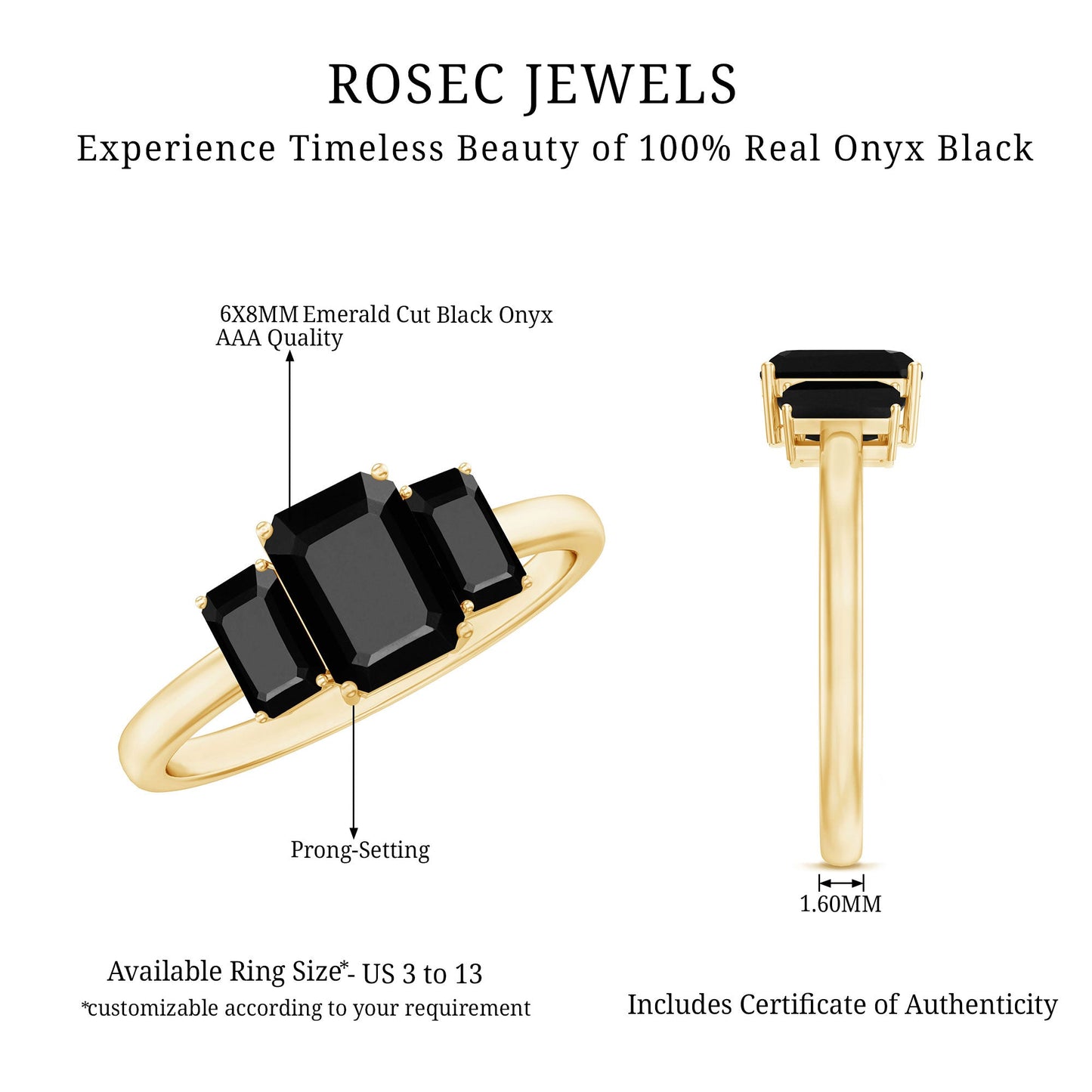 Emerald Cut Black Onyx Three Stone Engagement Ring