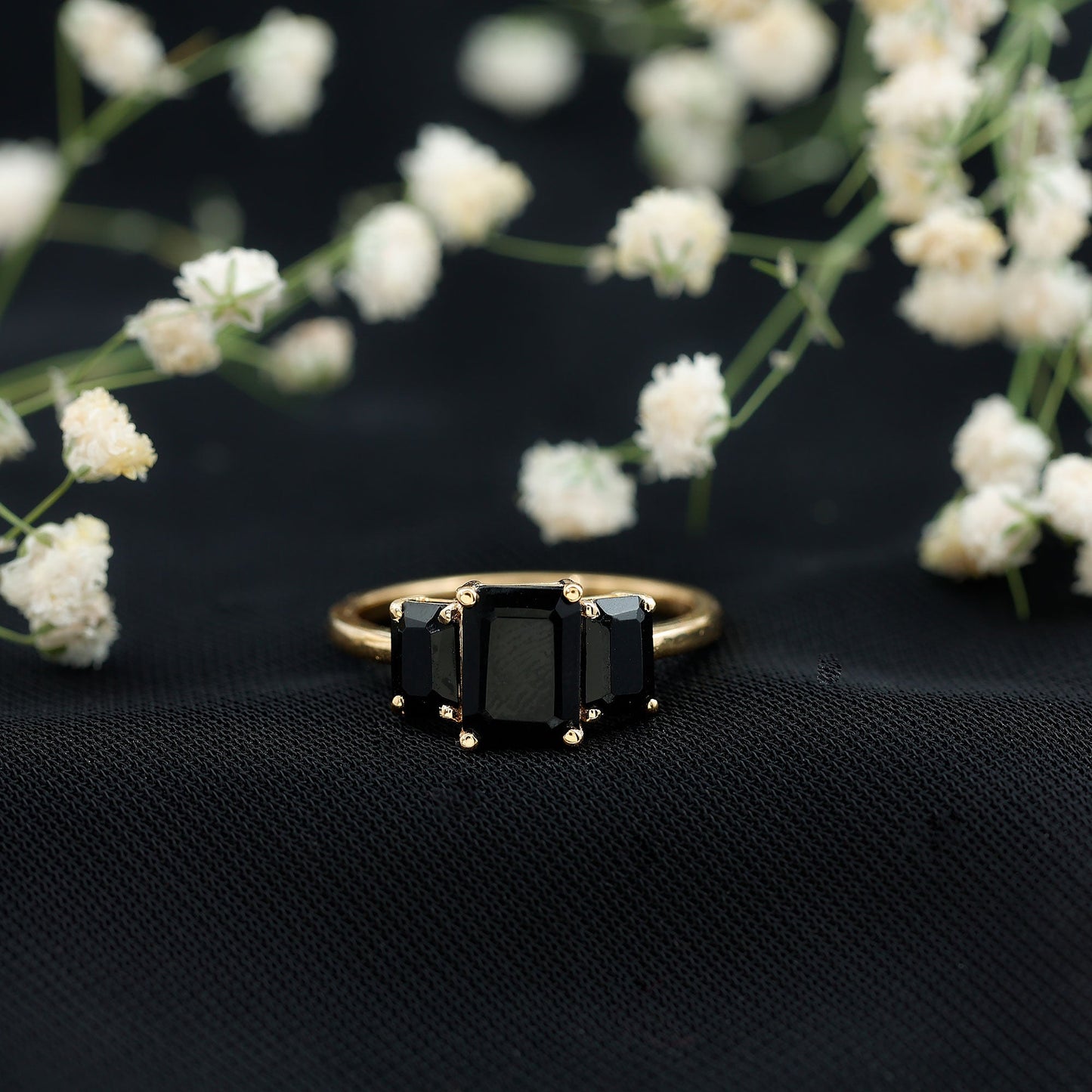 Emerald Cut Black Onyx Three Stone Engagement Ring