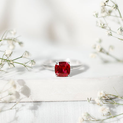Solitaire 2 Carat Cushion Cut Lab Grown Ruby Engagement Ring