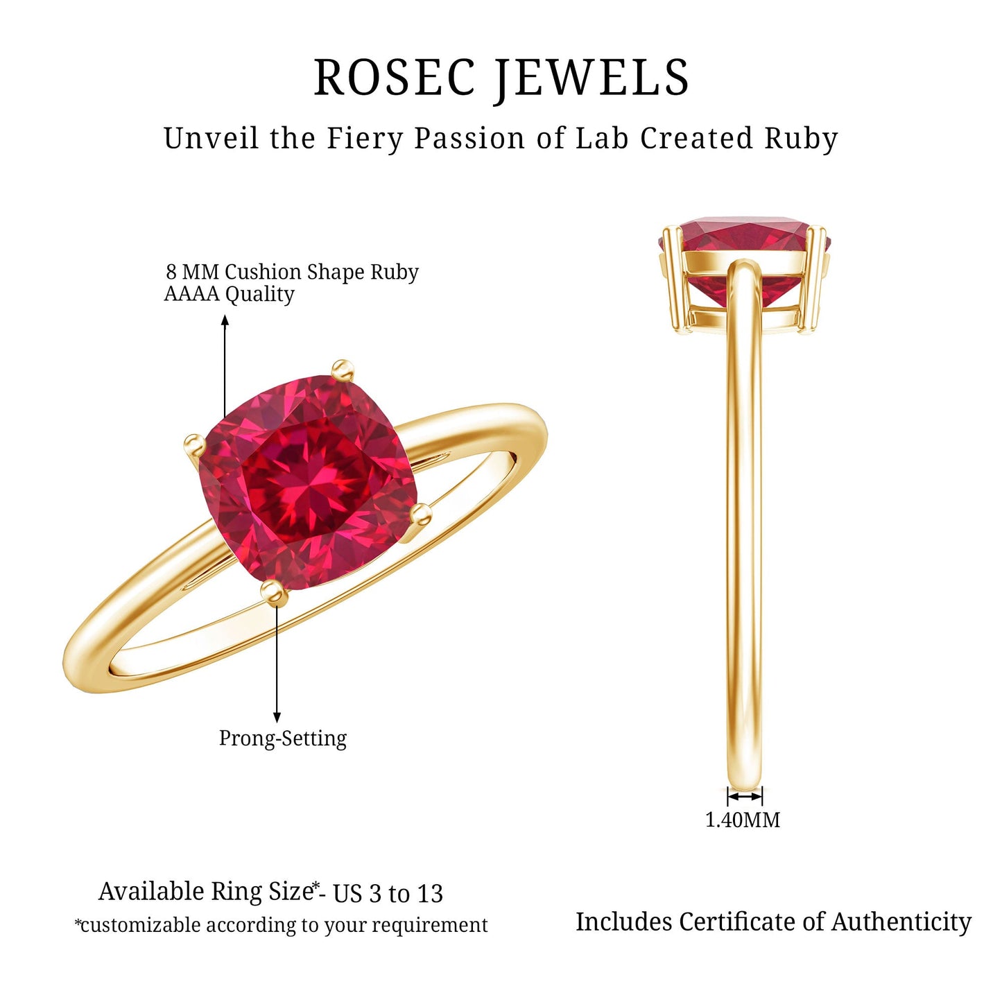 Solitaire 2 Carat Cushion Cut Lab Grown Ruby Engagement Ring