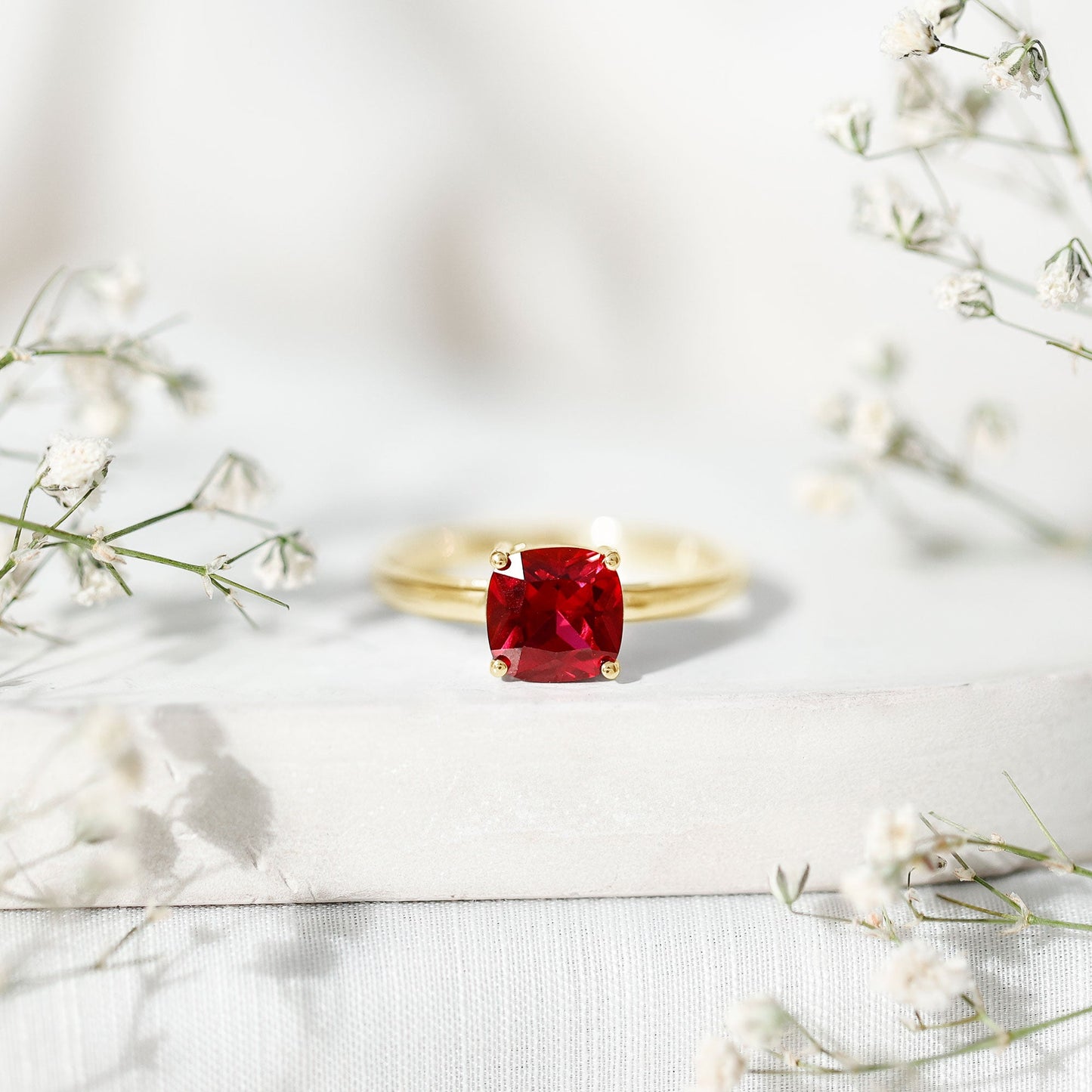 Solitaire 2 Carat Cushion Cut Lab Grown Ruby Engagement Ring