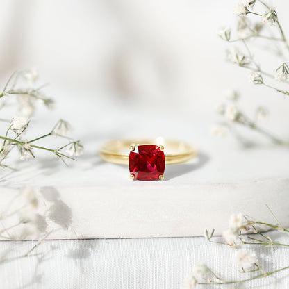 Solitaire 2 Carat Cushion Cut Lab Grown Ruby Engagement Ring