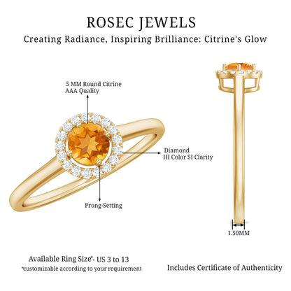 Certified Natural Citrine Promise Ring with Diamond Halo