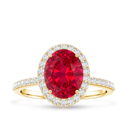 Classic Lab Grown Ruby Oval Engagement Ring with Diamond Halo